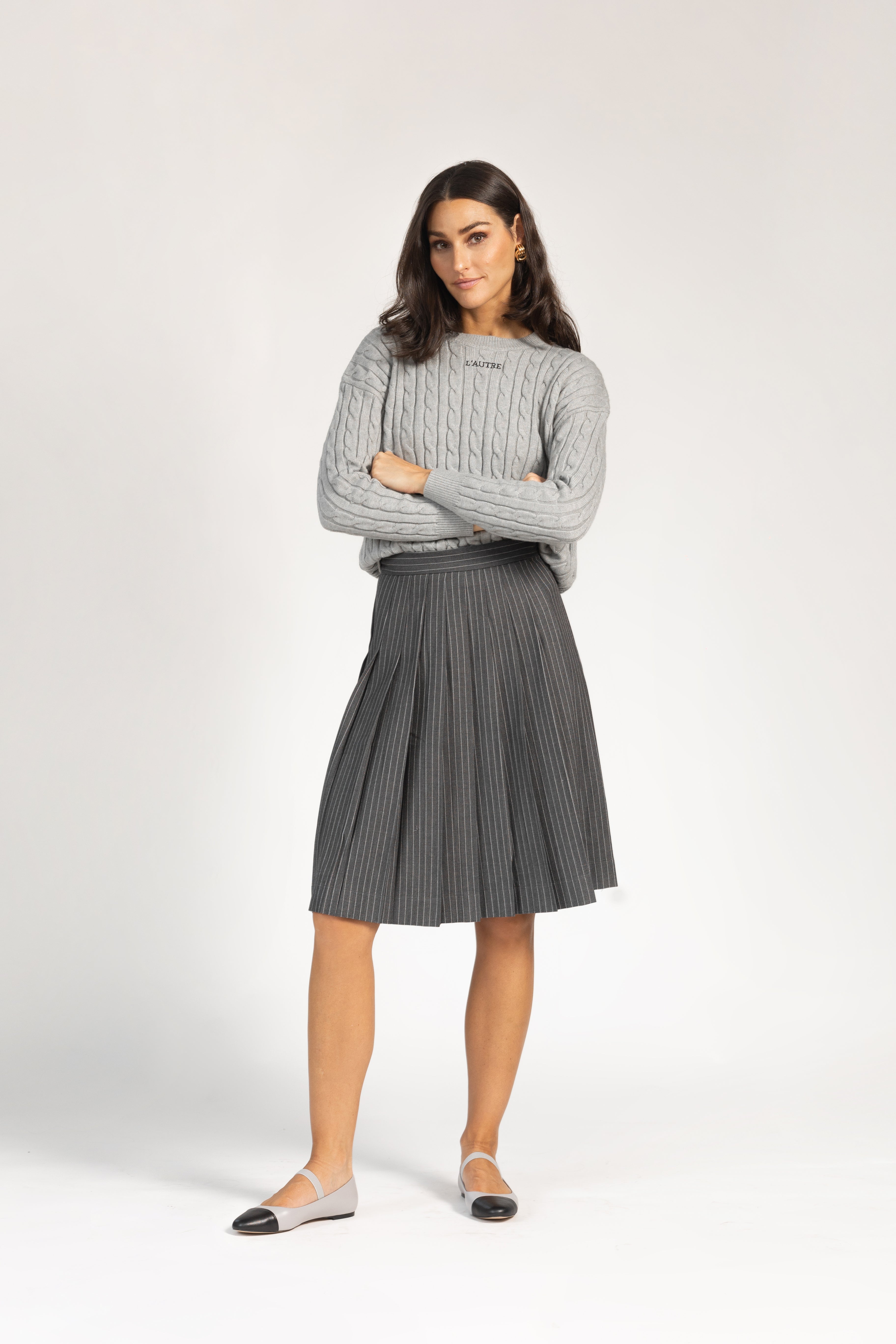 mid length pleated skirts grey