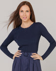 Navy Scalloped knit Top