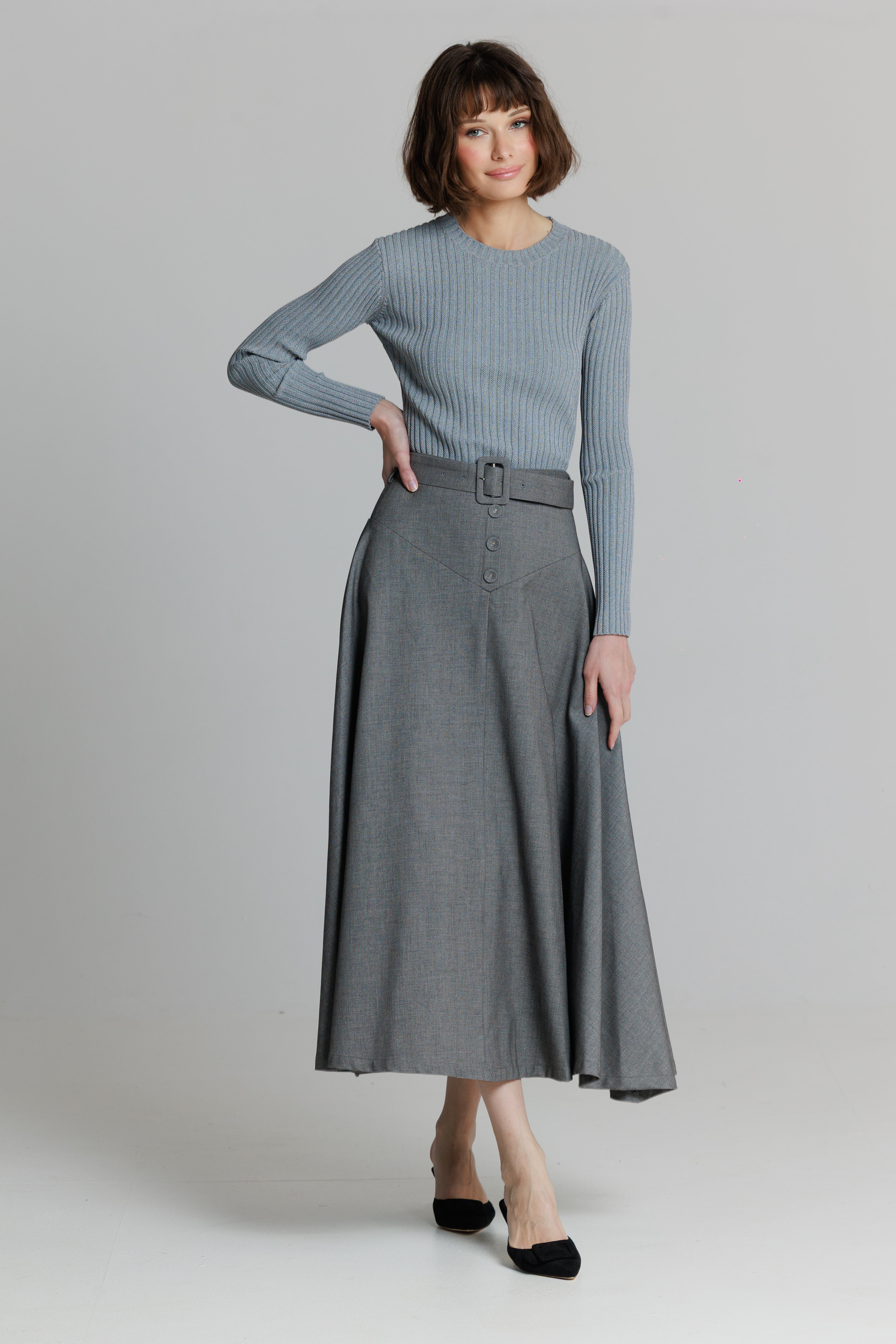 andmary Dida pleats flare skirt gray S Grey Wool Pleated Skirt